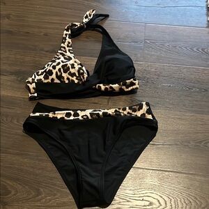 Leopard Print and Black Bikini Set Size M